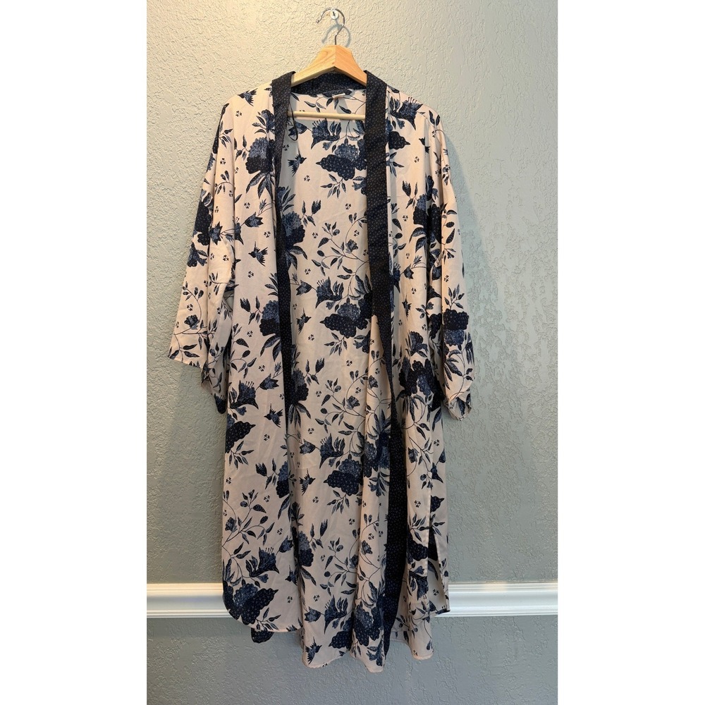 H&M Cream Navy Blue Floral Kimono Duster Open Front Cardigan ML
